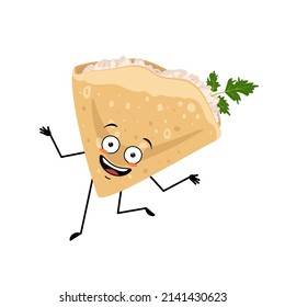 Pancake character with cottage cheese and parsley and crazy joyful emotions, happy face, smile, arms and legs. Baking person, homemade pastry with funny expression. Vector illustration