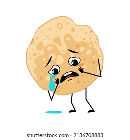 Pancake character with crying and tears emotion, sad face, depressive eyes. Baking person, homemade pastry with melancholy expression. Food emoticon for carnival or Maslenitsa