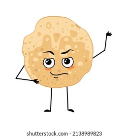 Pancake character with emotions of hero, brave face, arms and leg. Baking person, homemade pastry with courage expression. Food emoticon for carnival or Maslenitsa
