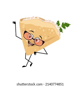 Pancake character with glasses and happy emotion, face, smile eyes, arms and legs. Baking person, homemade pastry with funny expression. Vector flat illustration