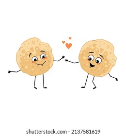 Pancake character with love emotions, smile face, arms and legs. Baking person, homemade pastry with funny expression. Food emoticon for carnival or Maslenitsa. Vector illustration