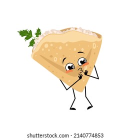 Pancake character with love emotions, smile face, arms and legs. Baking person, homemade pastry with happy expression. Vector flat illustration