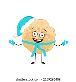 Pancake character in Santa hat with happy emotion, joyful face, smile eyes, arms and legs. Baking person, homemade pastry with funny expression. Food emoticon for Christmas or Maslenitsa