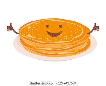 Pancake with a cheerful face. Russian holiday Maslenitsa. Pancake is a symbol of Shrovetide, isolated on white. Vector illustration cartoon style. EPS 10