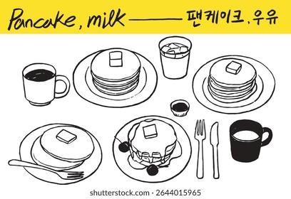 panqueca, café, manteiga, chá, xarope, talheres, talheres, garfo, faca, caneca, vidro, xícara, copo, prato, sobremesa, ilustração de linha