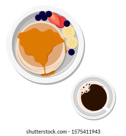 Pancake and Coffee, Snacks at work, Top view Vector Flat design on white background.