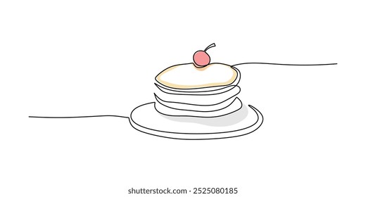 Panqueque continuo de una línea de dibujo. Concepto de comida de deliciosos panqueques con bayas y crema agria. Fondo minimalista de Ilustración vectorial.