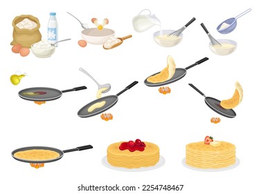 Pancake Cooking Process with Mixing Ingredient in Bowl and Frying on Pan Big Vector Set