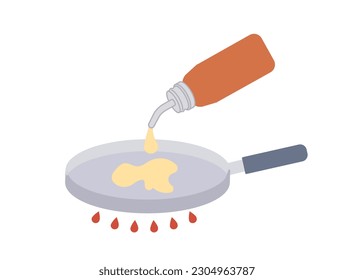 Pancake cooking step. Adding special Ingredient from bottle to frying pan. Poister or banner for website. Recipe and preparation of breakfast or dinner. Cartoon flat vector illustration