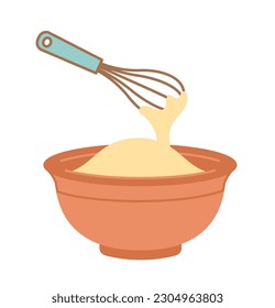 Pancake-Kochschritt. Schlagen Sie Teig in Schüssel mit Mixer. Rezept mit Zutaten. Unterrichtsmaterialien, Infografiken und Meisterklasse. hausgemachte Bäckerei. Cartoon-Flavektor-Vektorgrafik