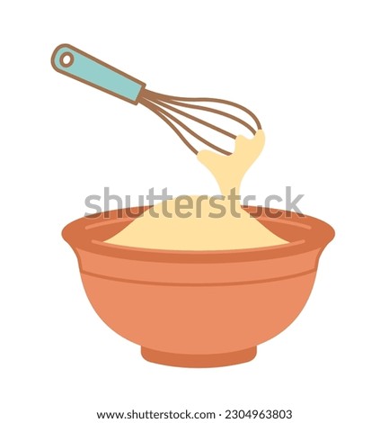 Pancake cooking step. Beat dough in bowl with mixer. Recipe with ingredients. Educational materials, infographics and master class. Homemade bakery. Cartoon flat vector illustration