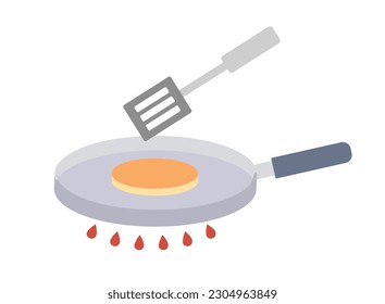 Pancake. La masa frita en una sartén junto a la espátula de hierro para agitar. Panadería casera. Receta de desayuno tradicional saludable y sabrosa. Dibujo vectorial plano de dibujos animados