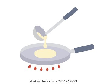 Pancake cooking step. Dough from ladle poured into frying pan over fire and mixed with spatula. Delicious breakfast recipe with ingredients. Cartoon flat vector illustration