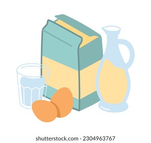 Pancake cooking step. Eggs, glass of water, flour and jug of milk. Ingredients for cooking. Traditional and tasty breakfast. Poster or banner for website. Cartoon flat vector illustration