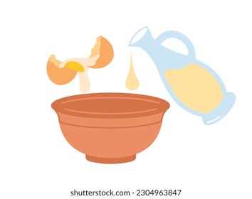 Pancake cooking step. Jug of milk and eggshell near plate. Recipe and ingredients. Bakery and homemade products. Infographics and master class. Cartoon flat vector illustration