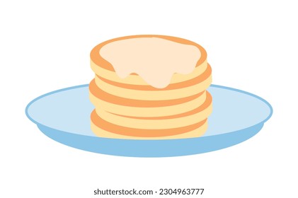 Pancake cooking step. Pancakes with butter or jam. Delicious and healthy traditional breakfast. Flour products, homemade bakery. Poster or banner. Cartoon flat vector illustration