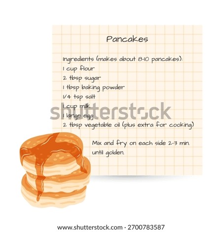 Pancake culinary recipe on sheet of paper. Vector template for food packaging, social media posts and food blog.