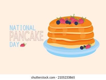 Pancake day card. Pancakes stack with berries on plate and freehand drawn quote: happy pancake day. Vector illustration for card, postcard, cover, invitation, poster, sticker, menu