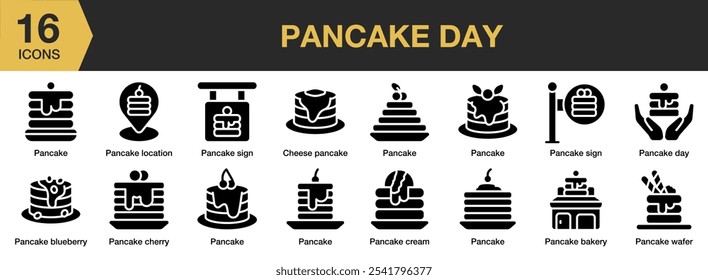 Conjunto de iconos sólidos de Pancake Day. Incluye día de panqueque, queso, panadería, arándano, cereza, crema y más. Colección de Vector de iconos sólidos.