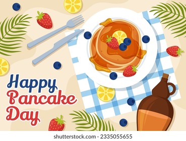 Pancake Day Vector Illustration a Plate of Pancakes Topped with Syrup, Cherries and Blueberries in Homemade Bakery Flat Cartoon Hand Drawn Templates