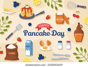 Pancake Day Vector Illustration a Plate of Pancakes Topped with Syrup, Cherries and Blueberries in Homemade Bakery Flat Cartoon Hand Drawn Templates