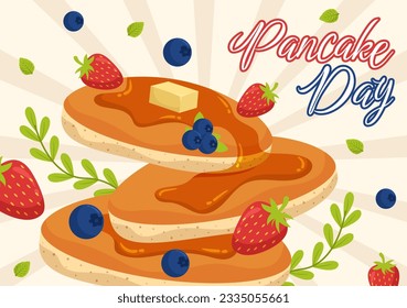 Pancake Day Vector Illustration a Plate of Pancakes Topped with Syrup, Cherries and Blueberries in Homemade Bakery Flat Cartoon Hand Drawn Templates