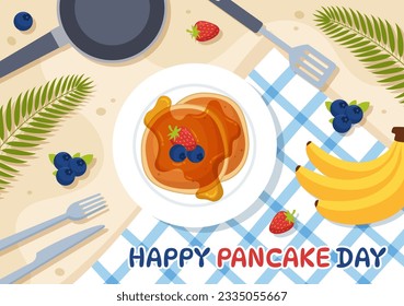 Pancake Day Vector Illustration a Plate of Pancakes Topped with Syrup, Cherries and Blueberries in Homemade Bakery Flat Cartoon Hand Drawn Templates