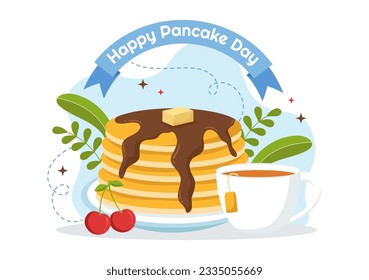 Pancake Day Vector Illustration a Plate of Pancakes Topped with Syrup, Cherries and Blueberries in Homemade Bakery Flat Cartoon Hand Drawn Templates