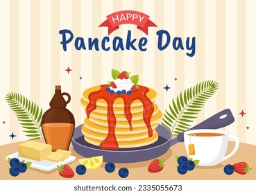 Pancake Day Vector Illustration a Plate of Pancakes Topped with Syrup, Cherries and Blueberries in Homemade Bakery Flat Cartoon Hand Drawn Templates