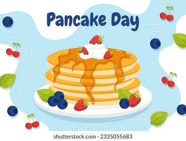 Pancake Day Vector Illustration a Plate of Pancakes Topped with Syrup, Cherries and Blueberries in Homemade Bakery Flat Cartoon Hand Drawn Templates