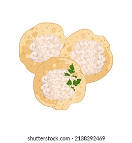 Pancake, delicious homemade pastry with cottage cheese and parsley for breakfast, Maslenitsa, carnival or holiday. Vector flat food illustration