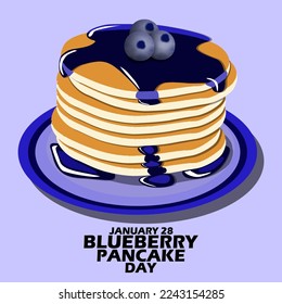 A pancake dish topped with syrup and blueberries served on purple plate with bold text on light purple background to celebrate Blueberry Pancake Day on January 28