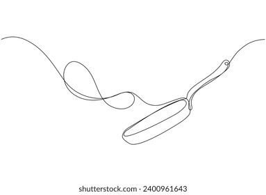 Pancake flipping on the pan in continuous one line art style. Simple vector illustration