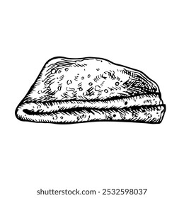 Un panqueque doblado en un triángulo. Dibujo gráfico Vector de un panqueque. Ilustración de comida dibujada a mano en blanco y negro. Sobre un fondo blanco. Ideal para menús, carteles o pegatinas, para recetas de cocina.