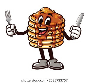 Pancake with Fork and Knife, Cartoon Mascot Illustration Character Vector Clip-Art Hand-Drawn Logo Design