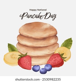 Panqueque con ilustración de acuarela de frutas. Día nacional del panqueque.