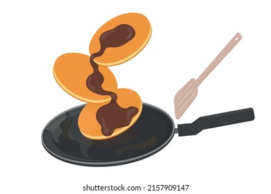 a pancake in a frying pan in the kitchen preparing delicious big ones on a butter dish vector illustration