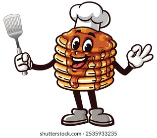 Pancake holding a spatula and wearing a chef's hat, Cartoon Mascot Illustration Character Vector Clip-Art Hand-Drawn Logo Design