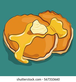Pancake with honey and piece of butter isolated on background. Traditional breakfast. Vector cartoon food icon.