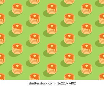 Pancake with honey syrup butter 3D isometric seamless pattern, Breakfast bakery concept poster and social banner post design illustration isolated on green background with copy space, vector eps 10