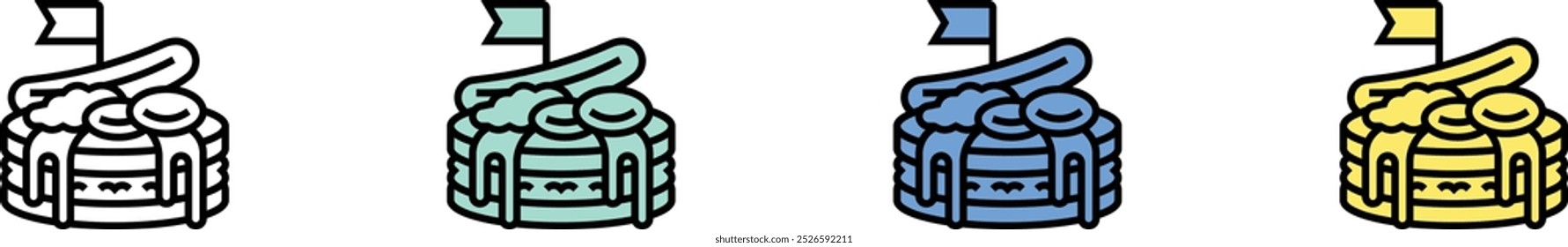 Icono de panqueque. Esquema, diseño de estilo verde, azul y amarillo aislado sobre fondo blanco