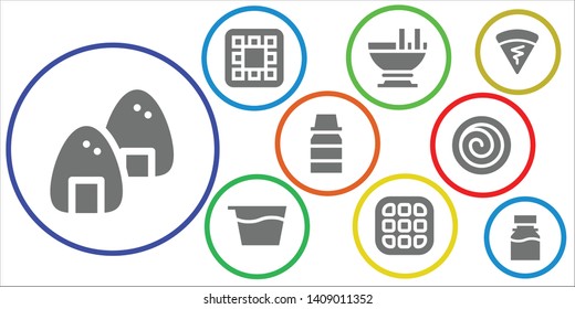 pancake icon set. 9 filled pancake icons.  Collection Of - Onigiri, Waffle, Custard, Syrup, Cinnamon roll, Crepe