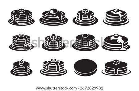 Pancake Icon Set Syrup, Butter, Breakfast Stack Vector Symbols