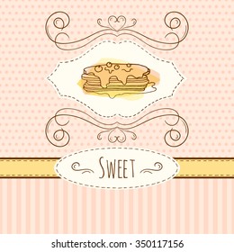 Pancake illustration. Vector hand drawn card with watercolor splashes. Sweet polka dots and stripes design. Invitation card template. Pancakes with maple syrup. 