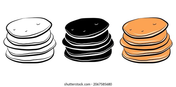 Pancake isolated icon set. Vector sweets illustration. Logo bakery design element. Menu graphic sugar food. Cartoon, flat doodle drawing outline sketch style. Monochrome emblem print. Simple breakfast