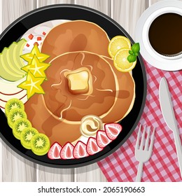 Pancake with kiwi and strawberry toppings in a plate on table background illustration