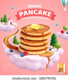 Pancake mix ads with butter and honey dripping on delicious pancakes and fruits over a cloud island in 3d illustration