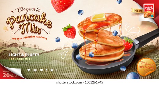 Pancake mix ads with delicious snacks in frying pan on woodcut style field background in 3d illustration