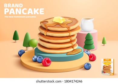 Pancake mix banner ads with butter and honey dripping on homemade pancakes, toy fruits and trees in 3d illustration