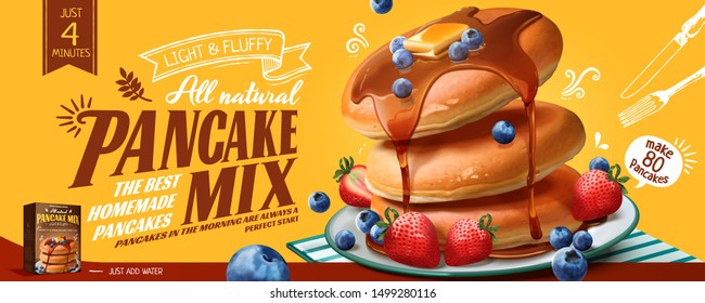 Pancake mix banner ads with honey dripping on delicious fluffy pancakes and fruits in 3d illustration